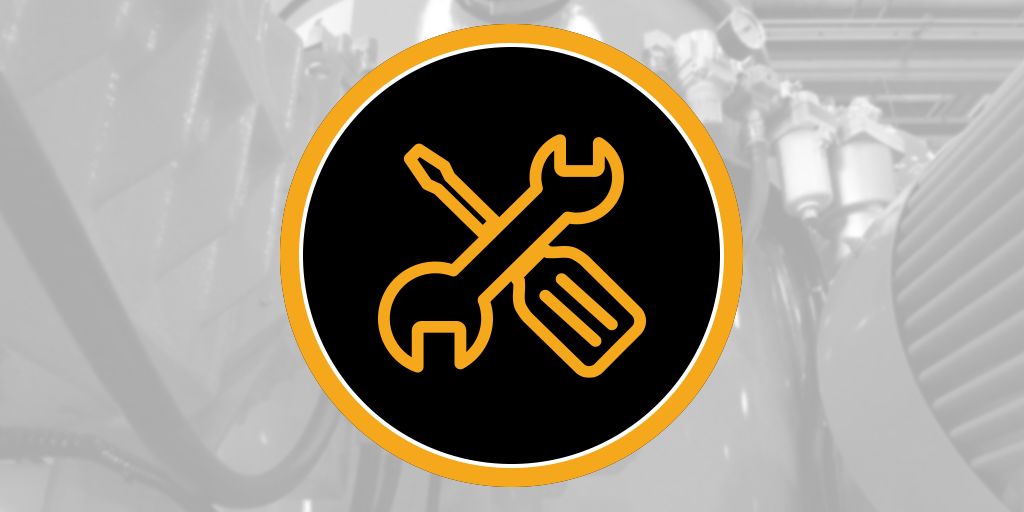 Black round icon with orange wrench and screwdriver over grayscale industrial vacuum pump and motor — Hi-Vac maintenance