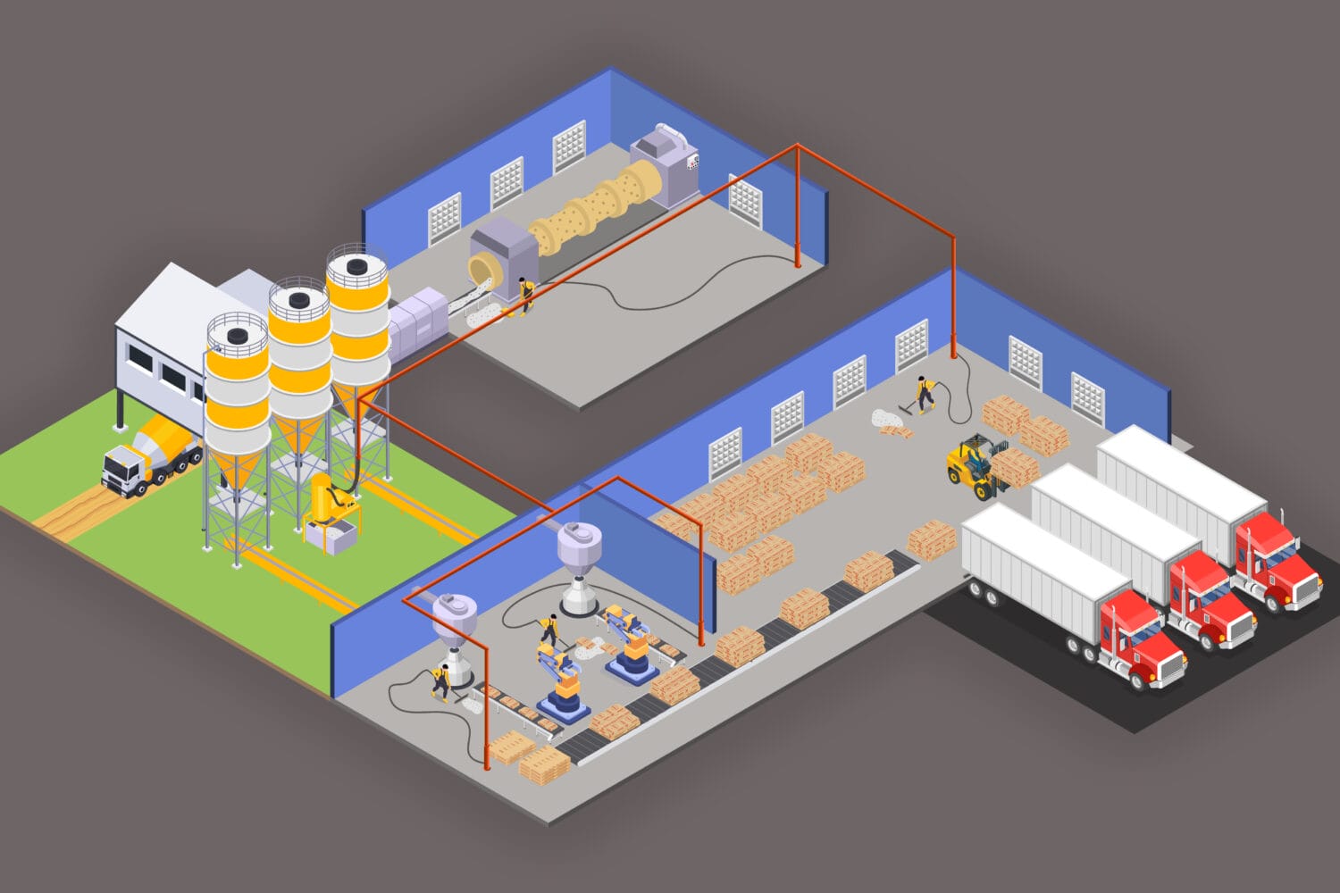 Isometric factory layout with silos, conveyors, robots, forklifts and red piping linking central Hi-Vac vacuum system