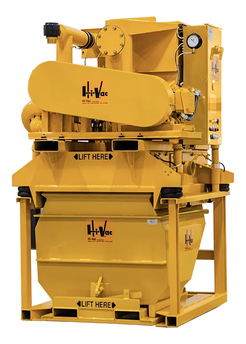 Yellow Hi-Vac vacuum hopper with cyclonic separator, control panel and marked lift points for heavy-duty vacuum systems