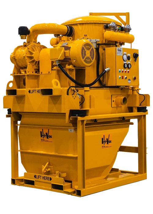 Yellow Hi‑Vac industrial vacuum skid with hopper, centrifugal blower, control panel and piping for heavy‑duty cleaning