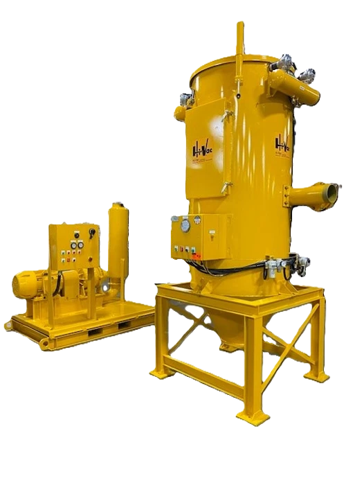 Yellow Hi-Vac industrial vacuum system with tall cylindrical collector on steel frame and separate pump/control skid.