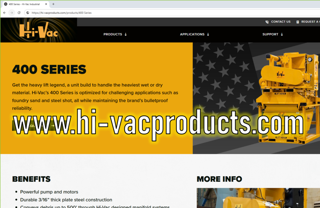 Hi‑Vac 400 Series page: '400 SERIES' on yellow panel, large www.hi‑vacproducts.com overlay and yellow Hi‑Vac vacuum unit